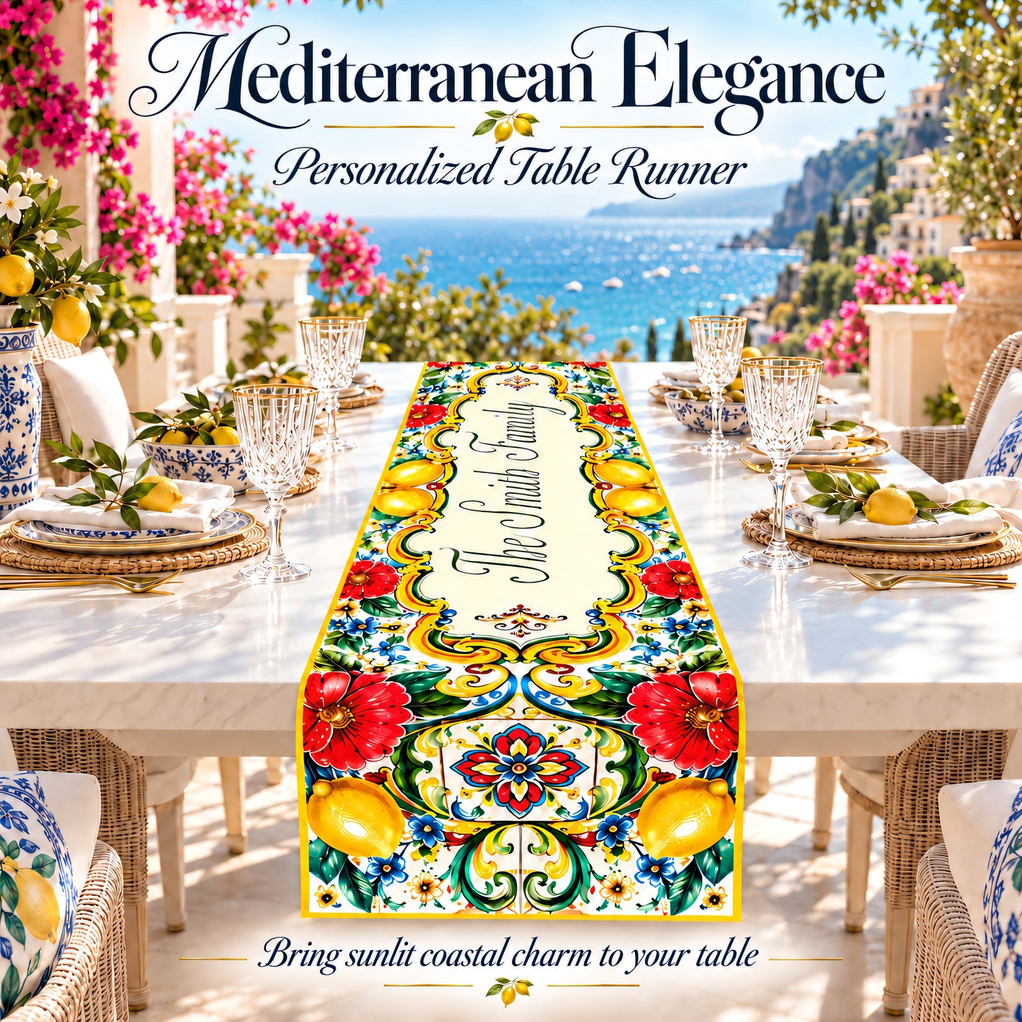 Mediterranean Style & Majolica Print La Dolce Vita - Personalized Table Runner