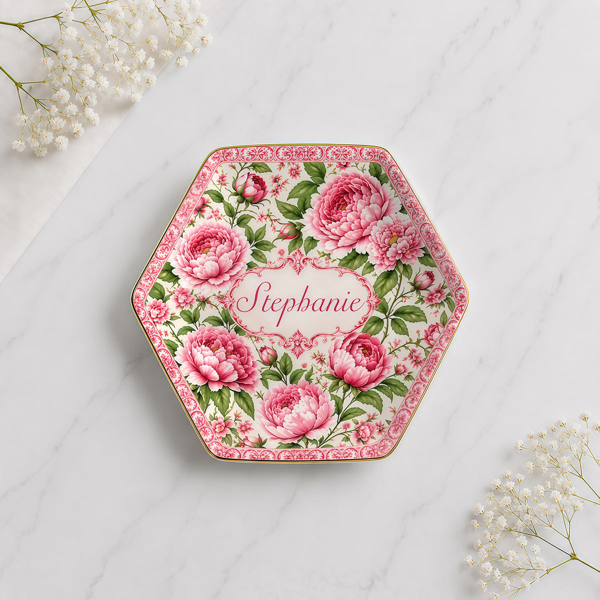 Charming Peony Paradise & Baroque Pattern - Personalized Jewelry Dish - Gift For Her, Bestie, Family Members
