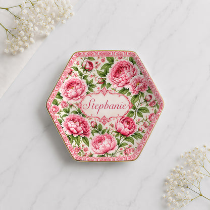 Charming Peony Paradise & Baroque Pattern - Personalized Jewelry Dish - Gift For Her, Bestie, Family Members