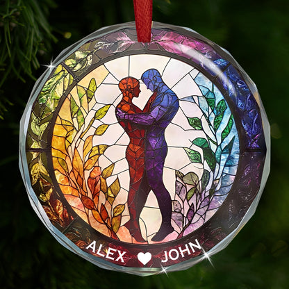 Attractive Strong Gay, Two Males Holding Hands - Personalized Circle Glass Ornament