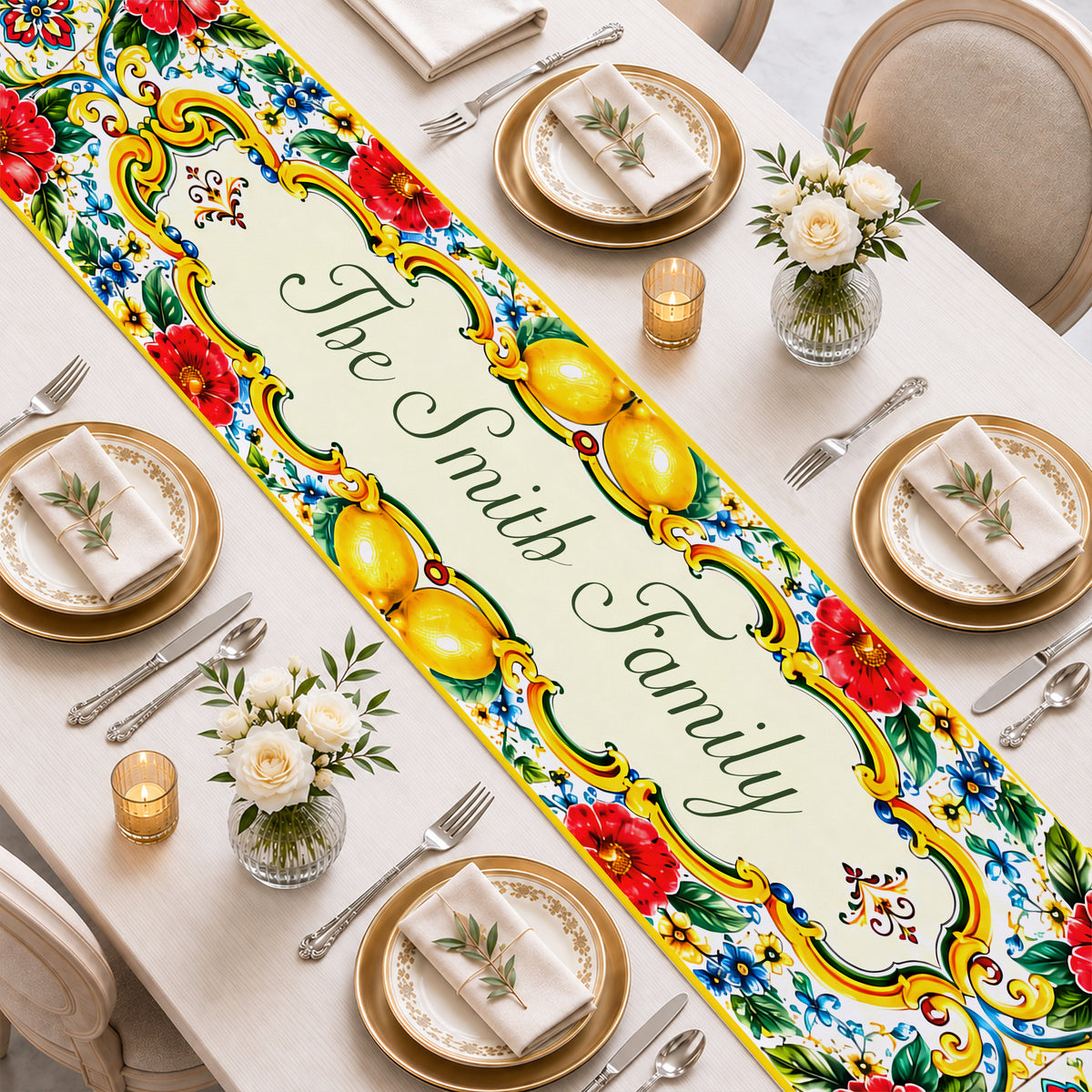 Mediterranean Style & Majolica Print La Dolce Vita - Personalized Table Runner