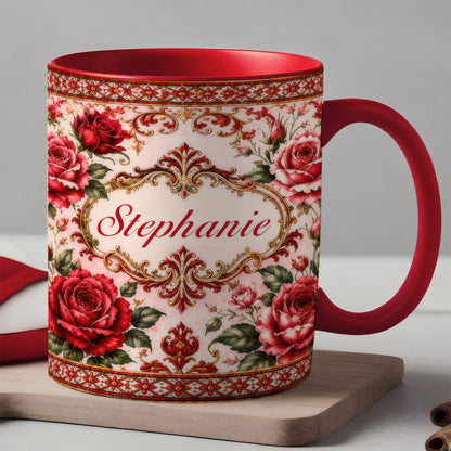 Mediterranean Style & Majolica Print Royal Red Rose - Personalized Accent Mug