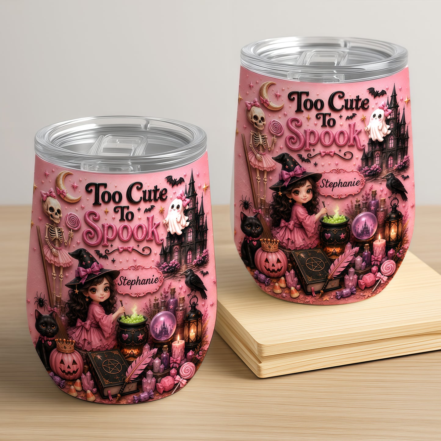 Too Cute To Spook - Personalized Pink Halloween Wine Tumbler - Gift For Halloween