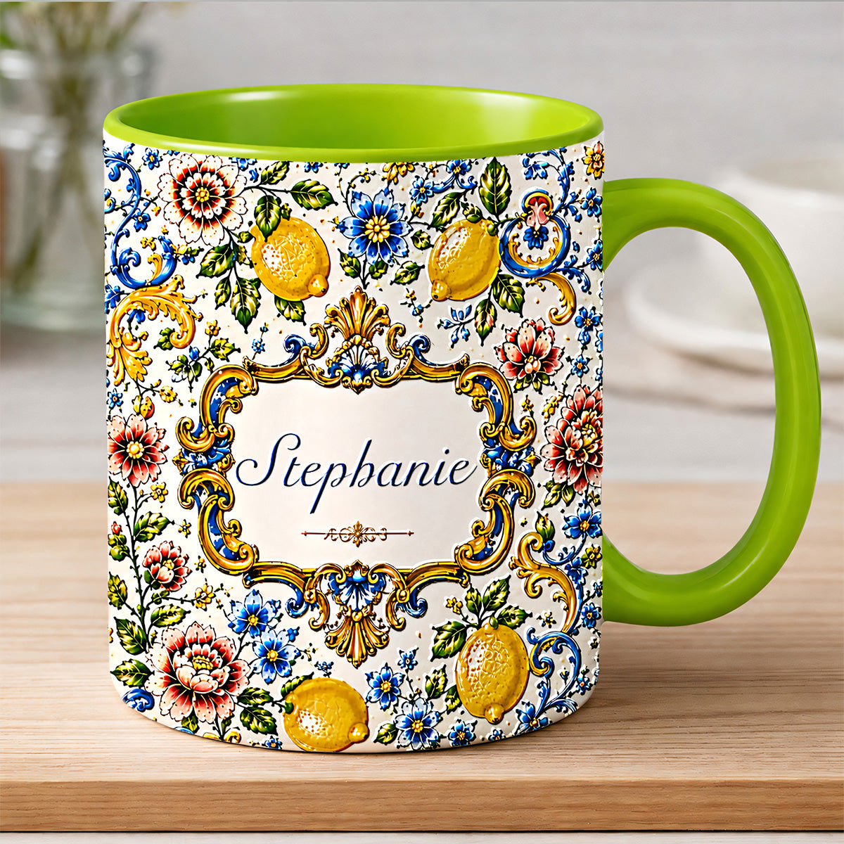 Mediterranean Style & Majolica Print Blue Lemon - Personalized 3D Accent Mug