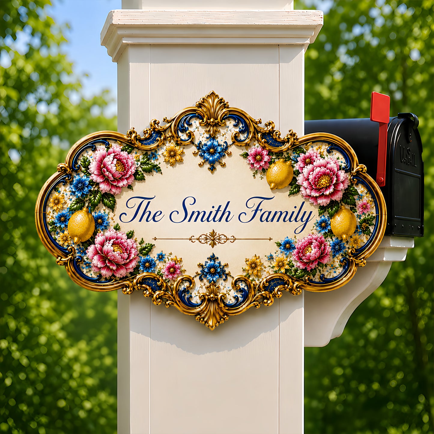 Mediterranean Style & Majolica Print Blue Lemon Royal - Personalized Custom Shaped Metal Sign