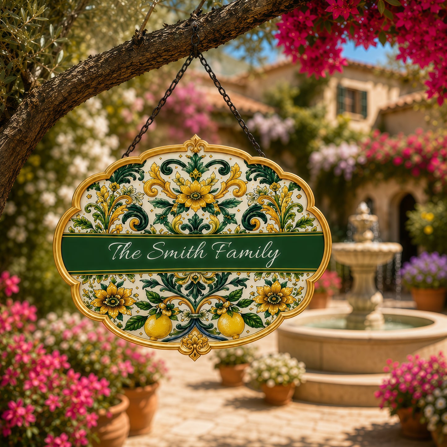 Mediterranean Style & Majolica Print Sun-Kissed Limoncello - Personalized Custom Shaped Metal Sign