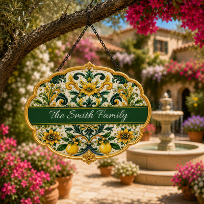 Mediterranean Style & Majolica Print Sun-Kissed Limoncello - Personalized Custom Shaped Metal Sign