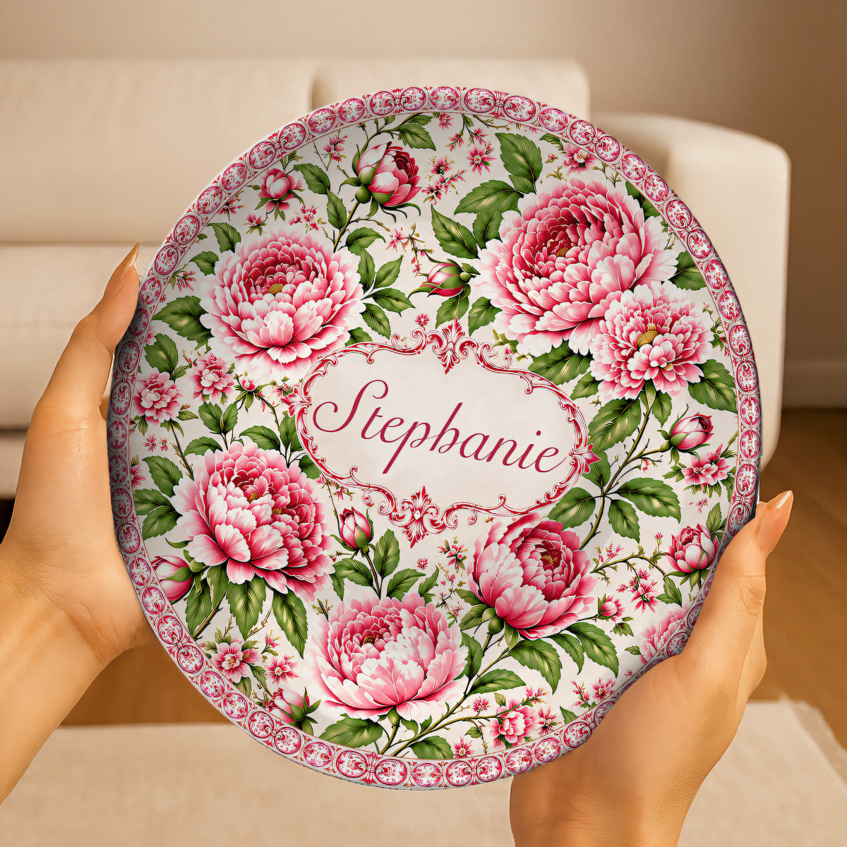 Charming Peony Paradise & Baroque Pattern - Personalized Ceramic Plate - Gift For Her, Bestie, Family Members