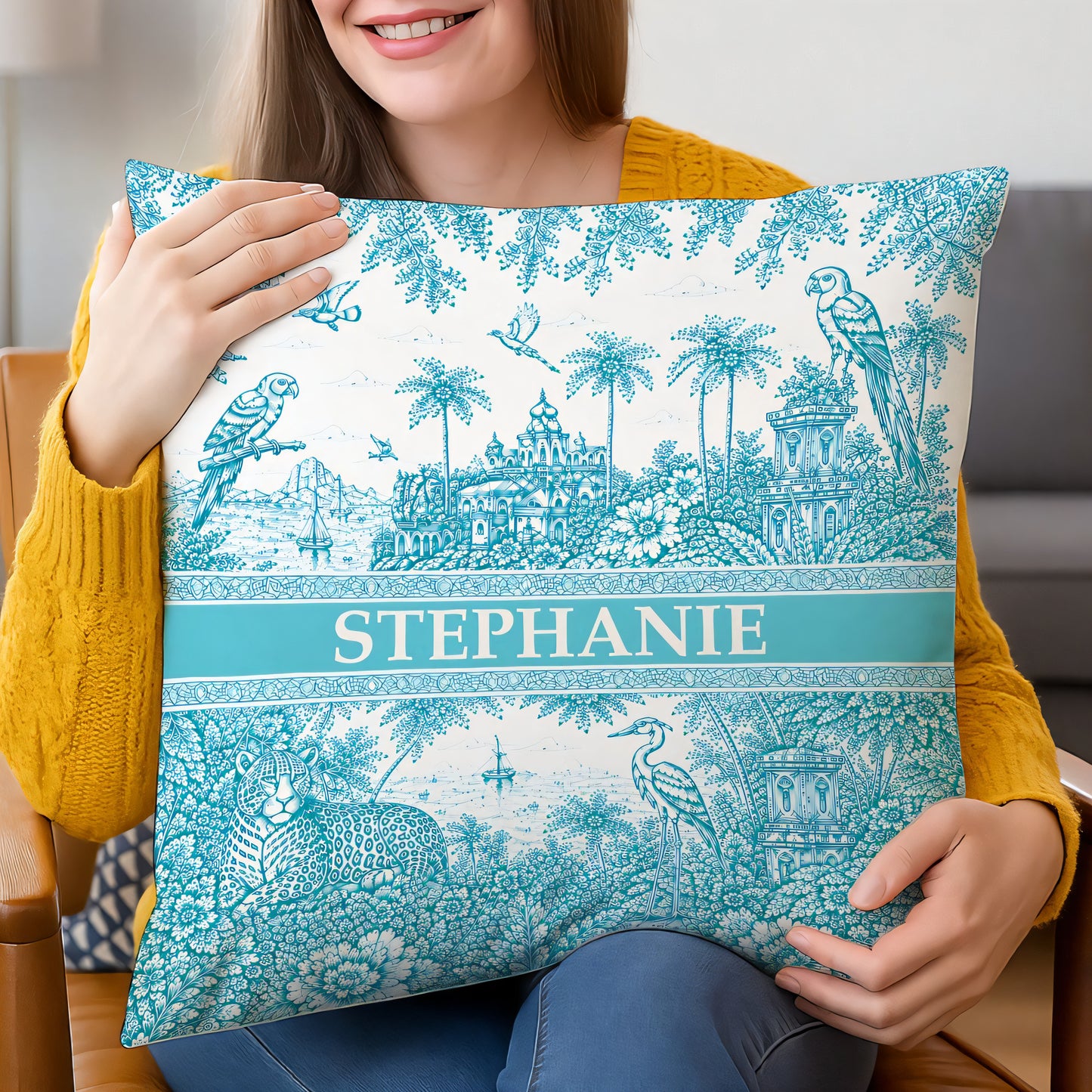 French Riviera Collection & Toile De Jouy Pattern Aquamarina - Personalized Pillow - Decorative Pillows For Couch
