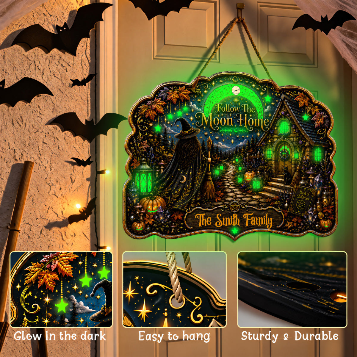 Follow The Moon Home - Personalized Witchcraft Luminous Wooden Sign