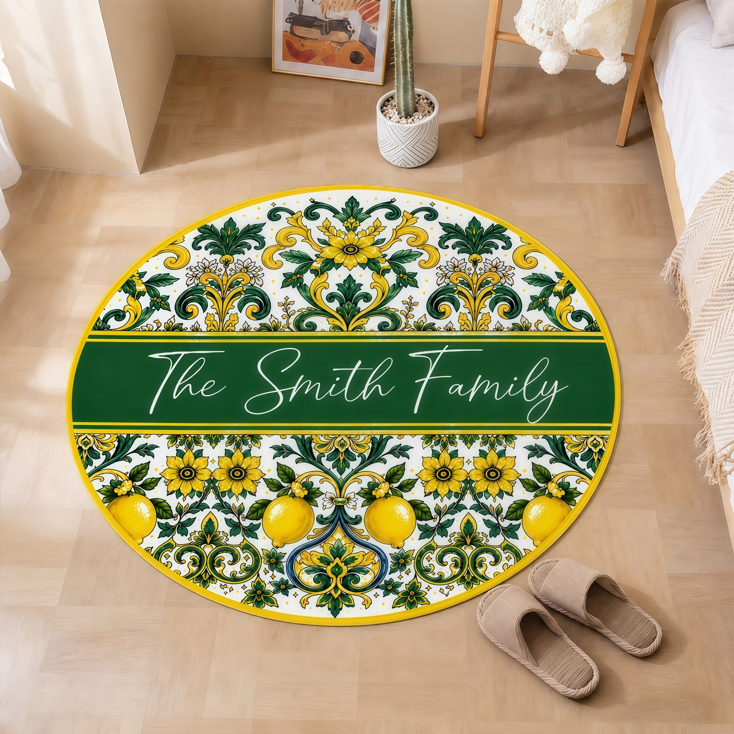 Mediterranean Style & Majolica Print Sun-Kissed Limoncello - Personalized Round Rug