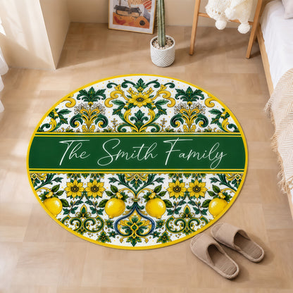 Mediterranean Style & Majolica Print Sun-Kissed Limoncello - Personalized Round Rug