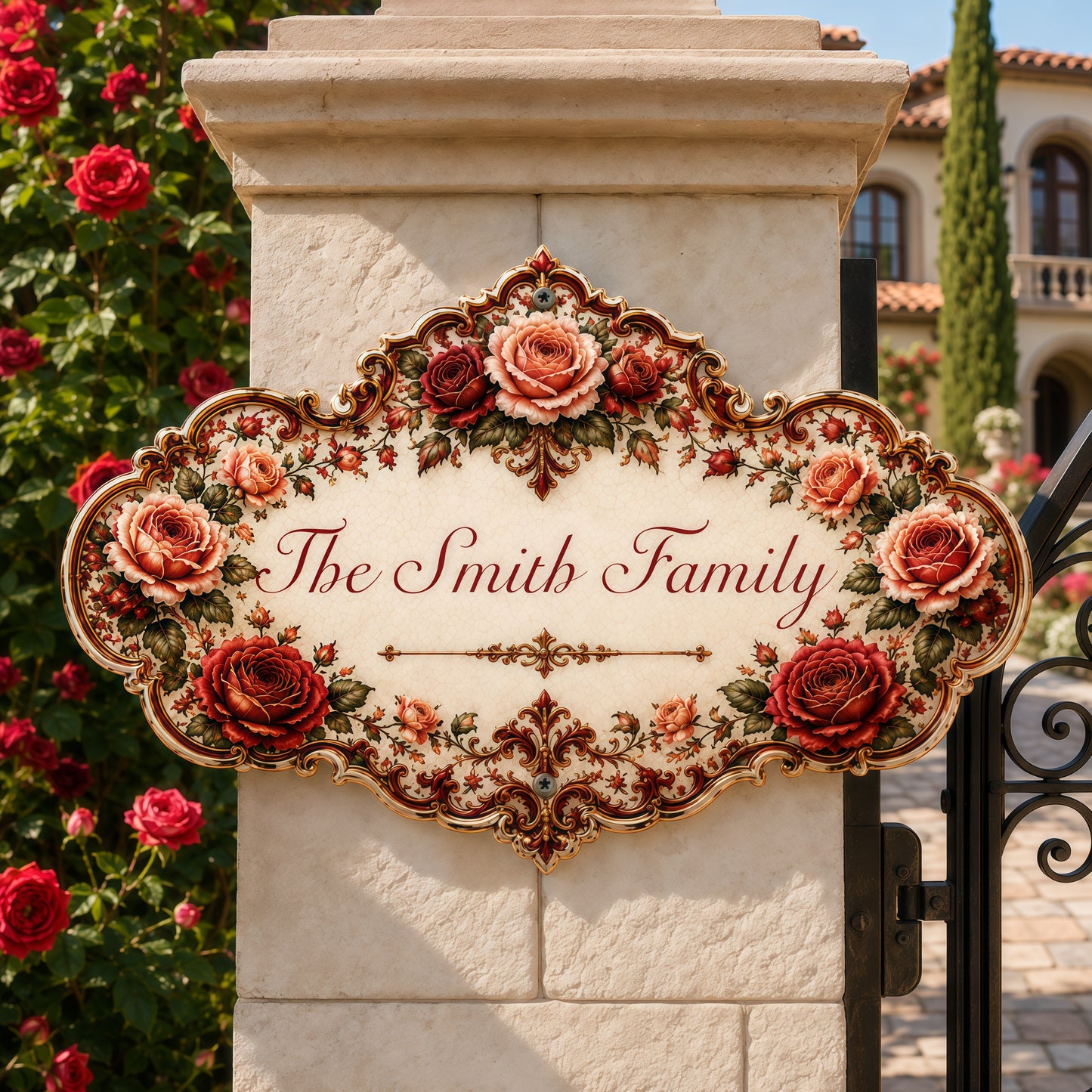 Mediterranean Style & Majolica Print Royal Red Rose - Personalized Custom Shaped Metal Sign