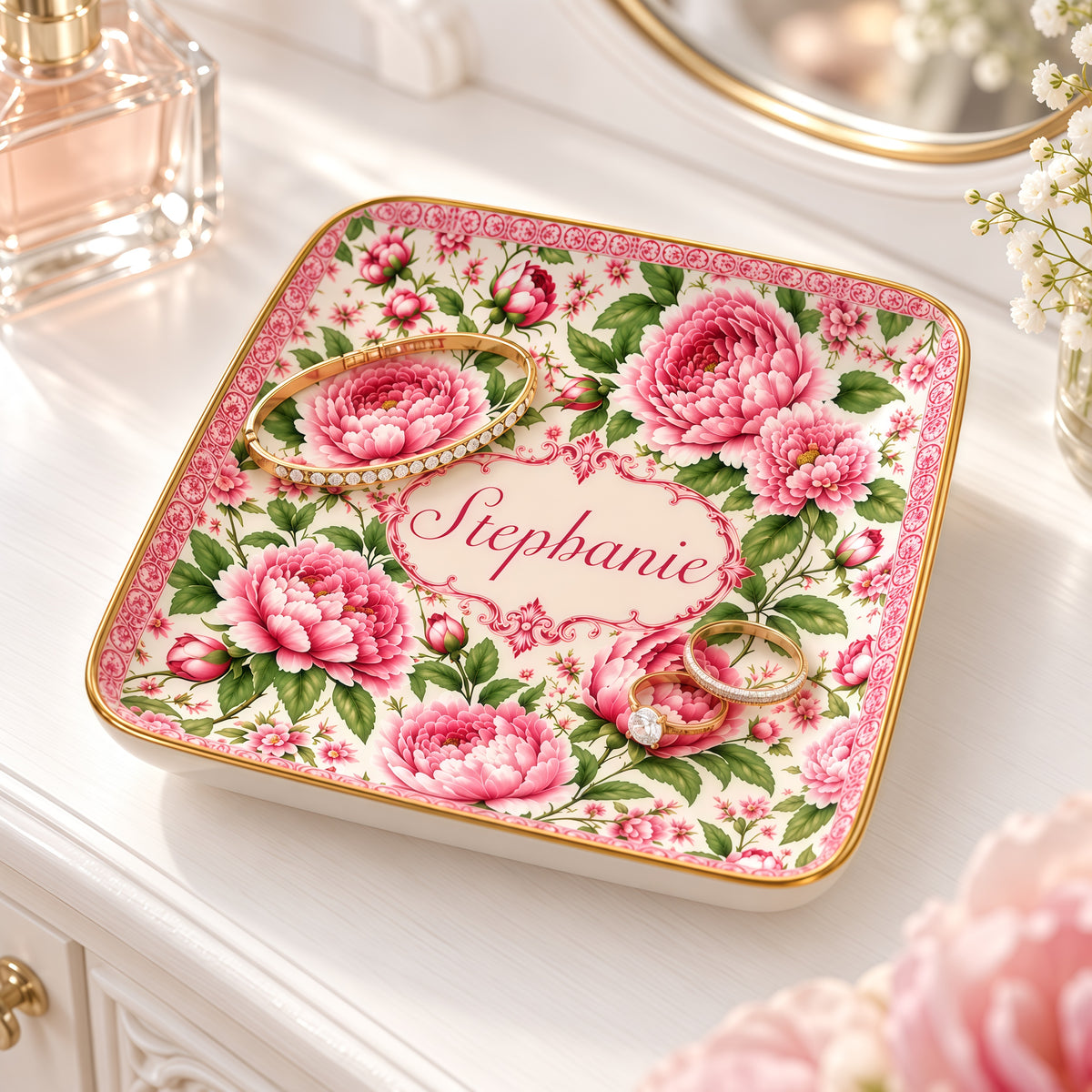 Charming Peony Paradise & Baroque Pattern - Personalized Jewelry Dish - Gift For Her, Bestie, Family Members