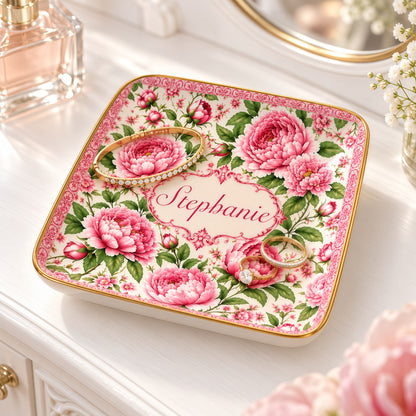 Charming Peony Paradise & Baroque Pattern - Personalized Jewelry Dish - Gift For Her, Bestie, Family Members