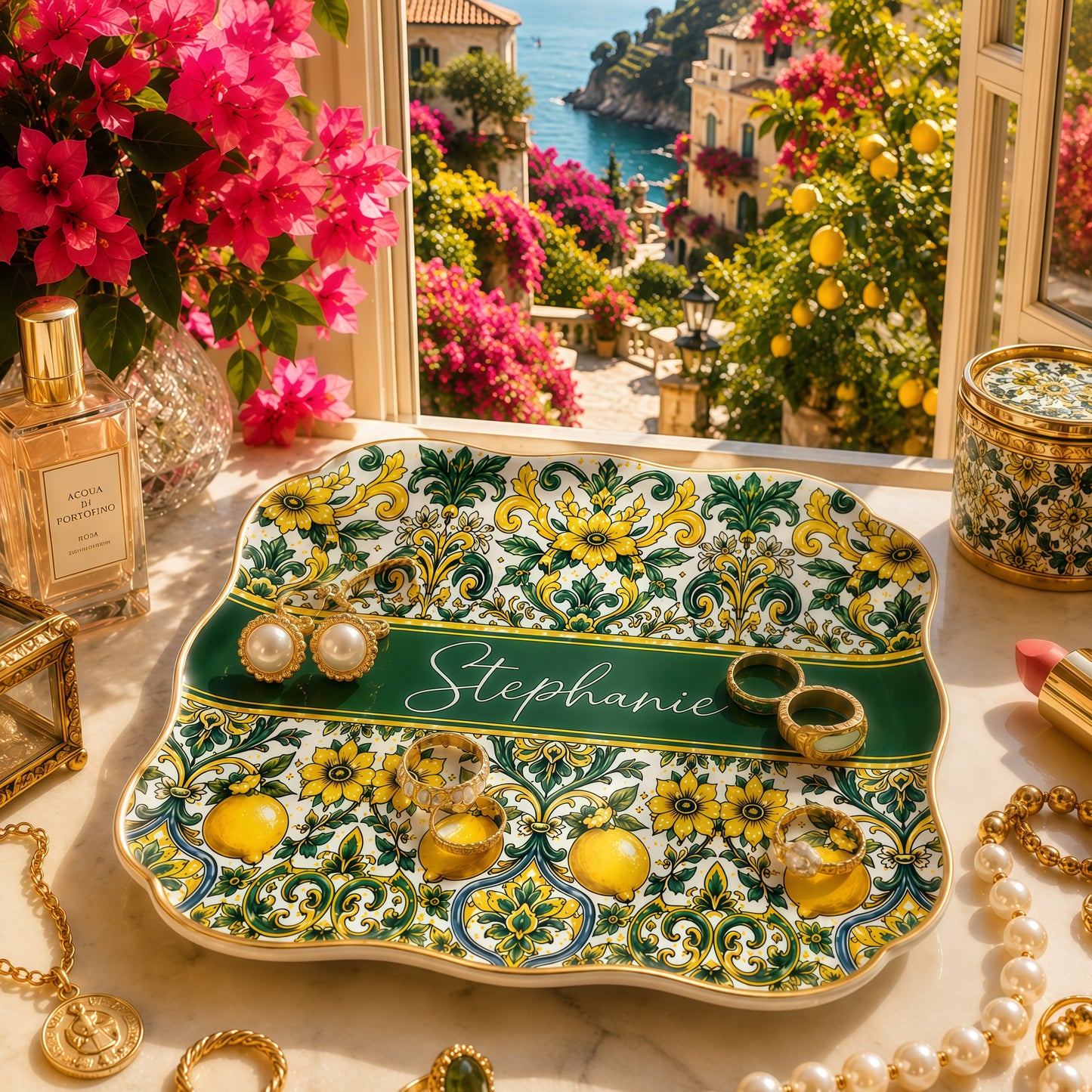 Mediterranean Style & Majolica Print Sun-Kissed Limoncello - Personalized Jewelry Dish
