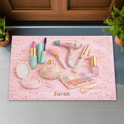 Personalized Makeup Doormat For Makeup Lovers – Custom Name Beauty Room Rug for Bedroom, Bathroom, Vanity Decor - Personalized Doormat