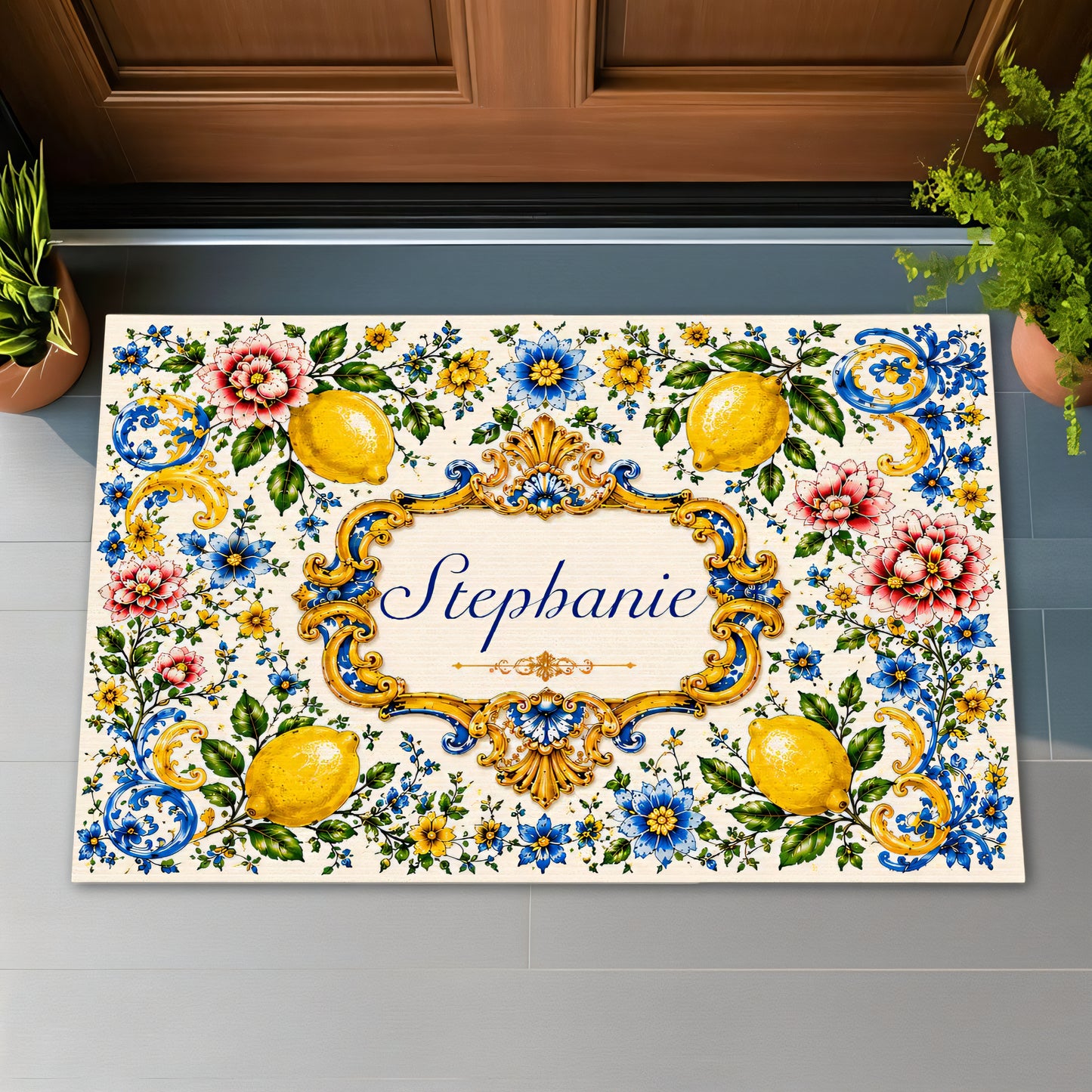 Mediterranean Style & Majolica Print Blue Lemon - Personalized Doormat - Gift For Home Decor