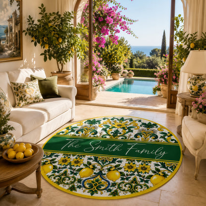Mediterranean Style & Majolica Print Sun-Kissed Limoncello - Personalized Round Rug