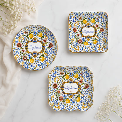 Mediterranean Style & Majolica Print Blue Lemon - Personalized Jewelry Dish (Full Print)