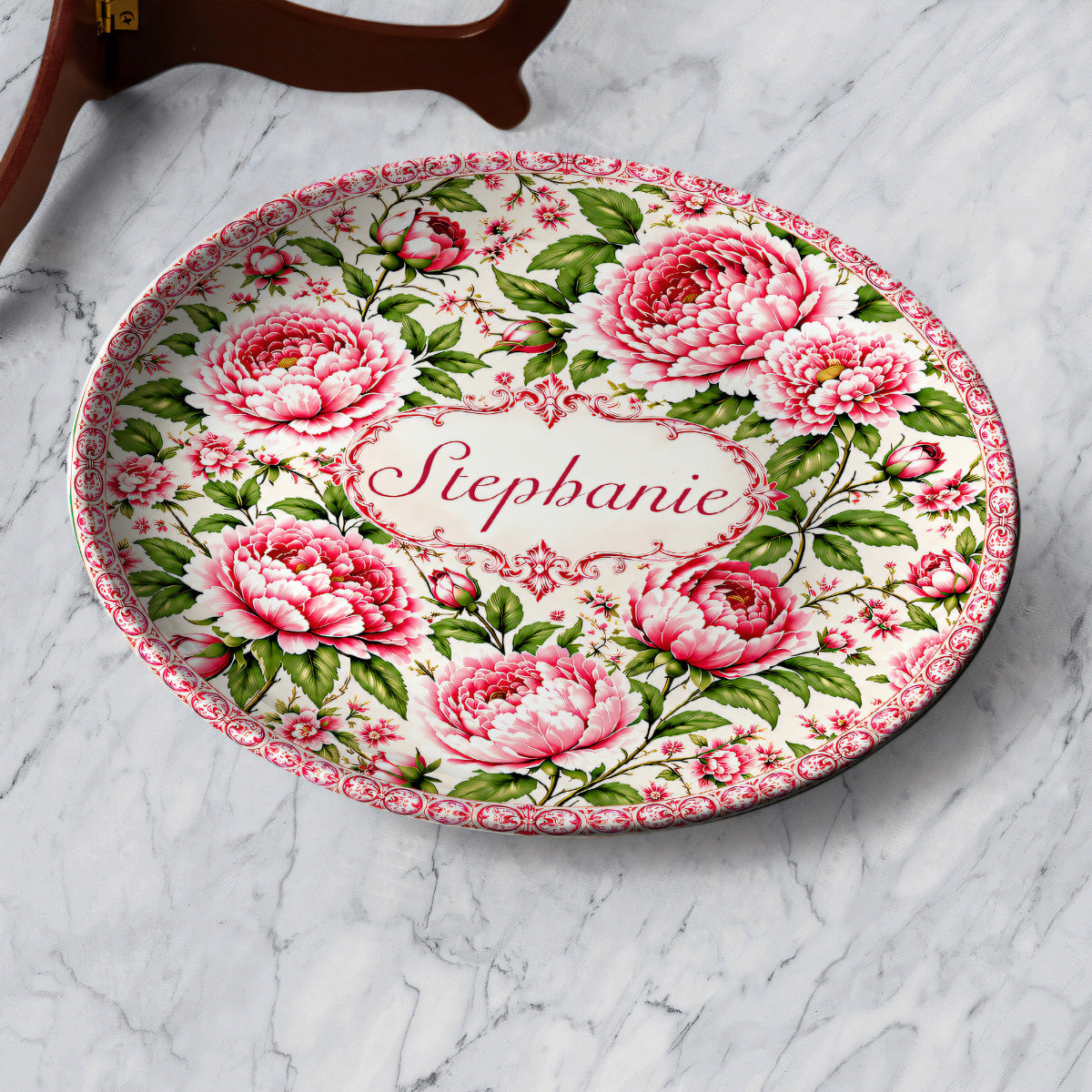 Charming Peony Paradise & Baroque Pattern - Personalized Ceramic Plate - Gift For Her, Bestie, Family Members