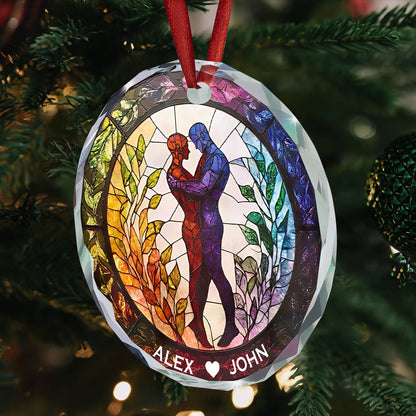 Attractive Strong Gay, Two Males Holding Hands - Personalized Circle Glass Ornament