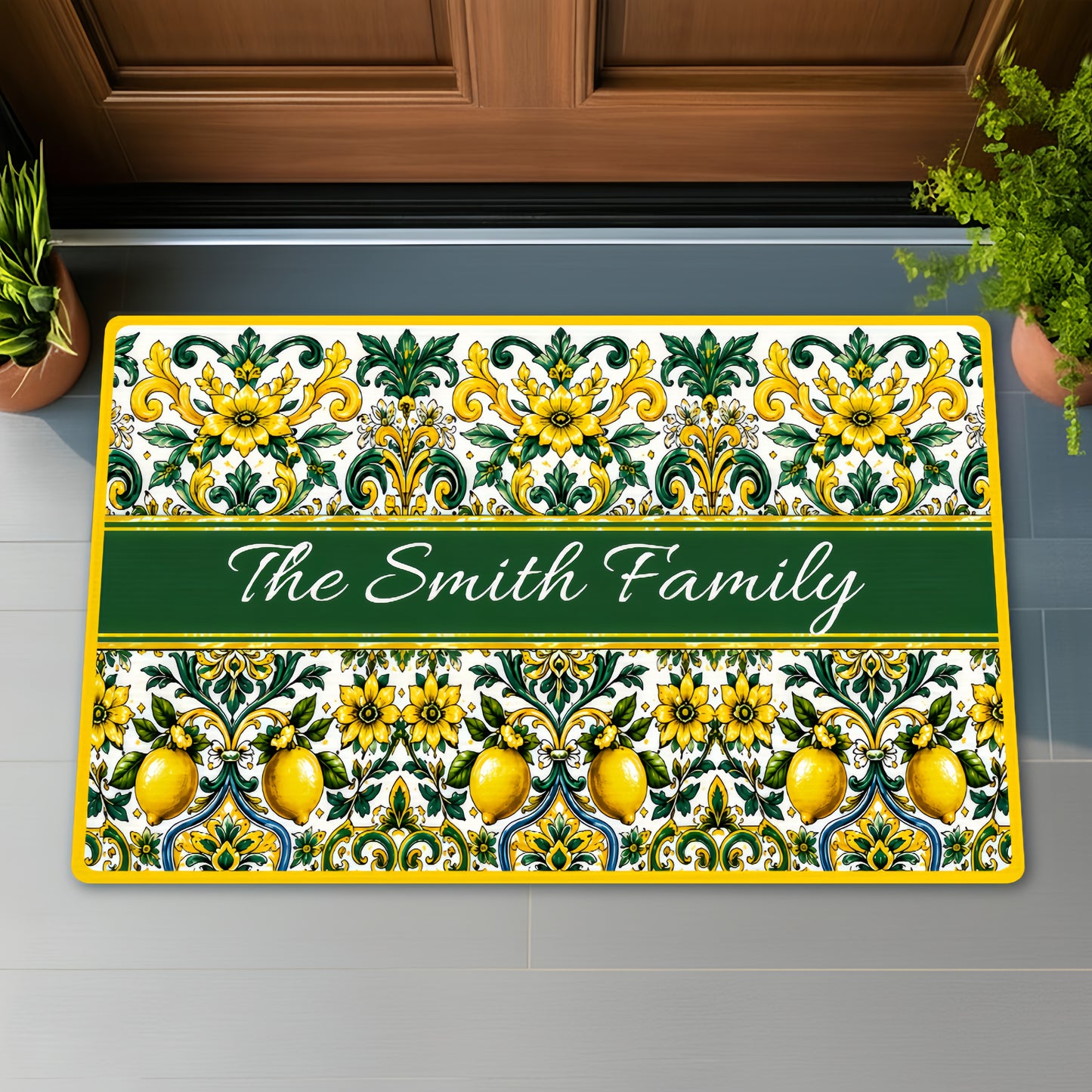 Mediterranean Style & Majolica Print Sun-Kissed Limoncello - Personalized Doormat