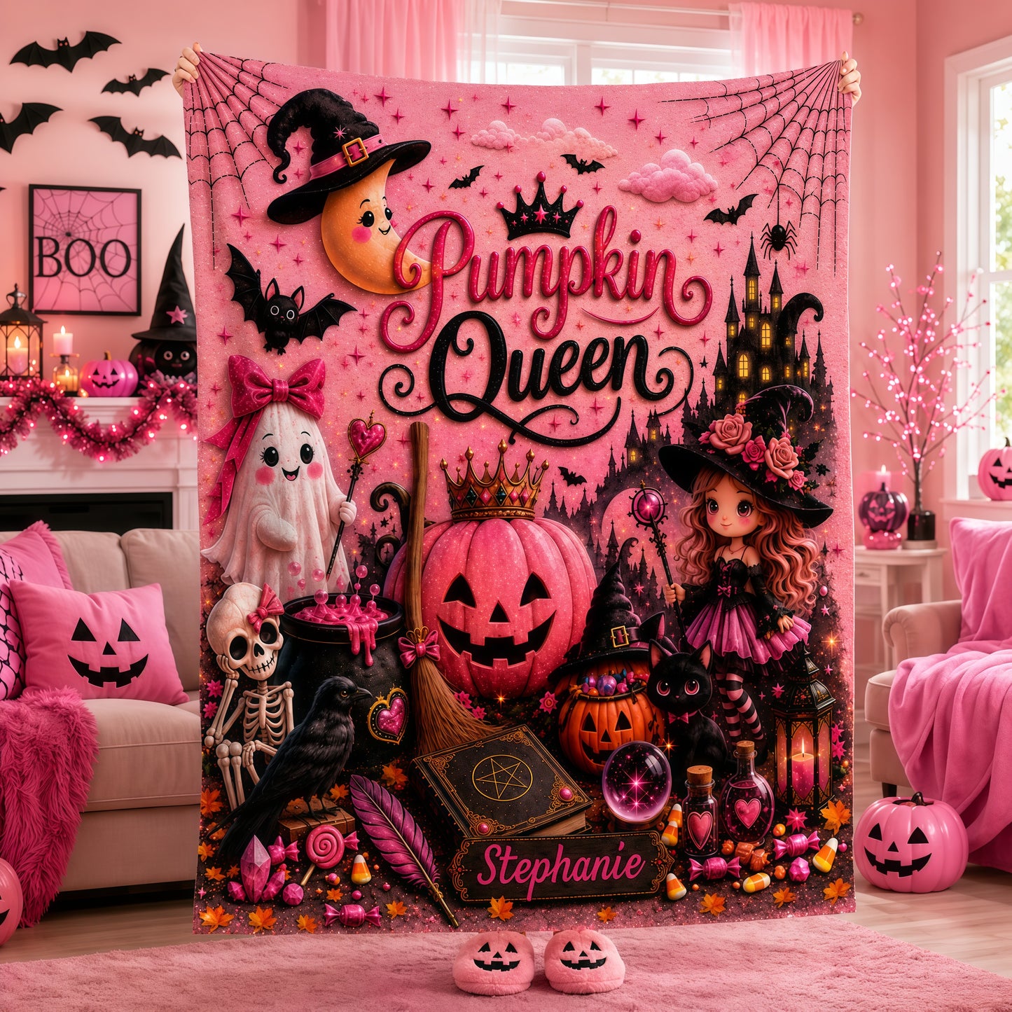 Pumpkin Queen - Personalized Pink Halloween Blanket - Gift For Halloween