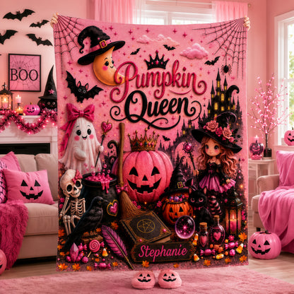 Pumpkin Queen - Personalized Pink Halloween Blanket - Gift For Halloween