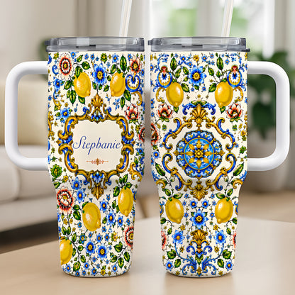 Mediterranean Style & Majolica Print - Personalized 40oz Tumbler With Straw - Travelling Tumbler