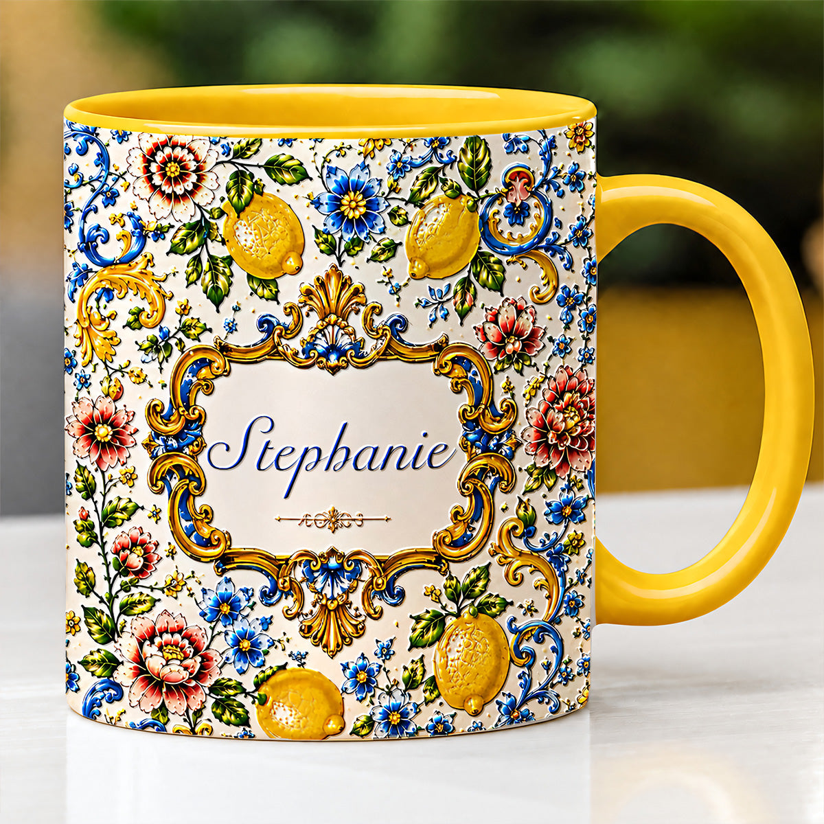 Mediterranean Style & Majolica Print Blue Lemon - Personalized 3D Accent Mug
