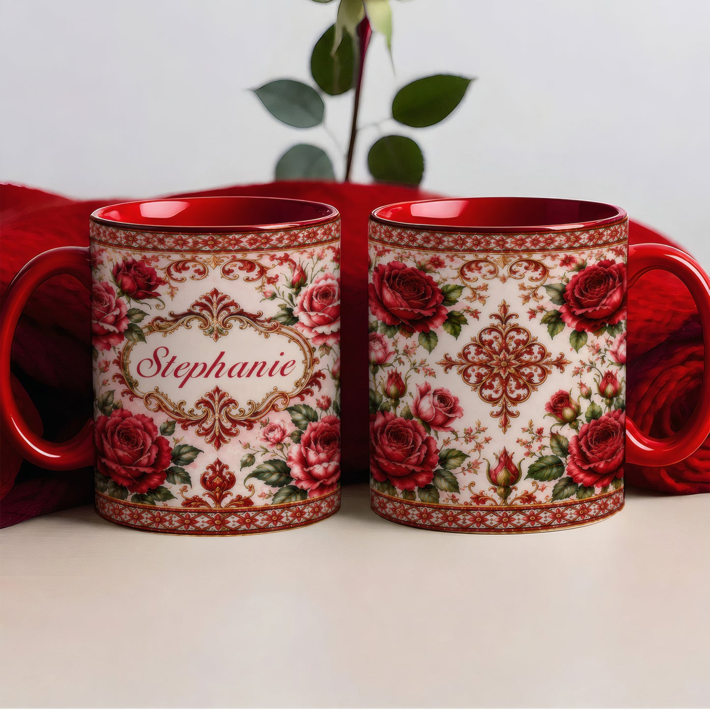 Mediterranean Style & Majolica Print Royal Red Rose - Personalized Accent Mug