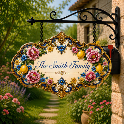 Mediterranean Style & Majolica Print Blue Lemon - Personalized Custom Shaped Metal Sign