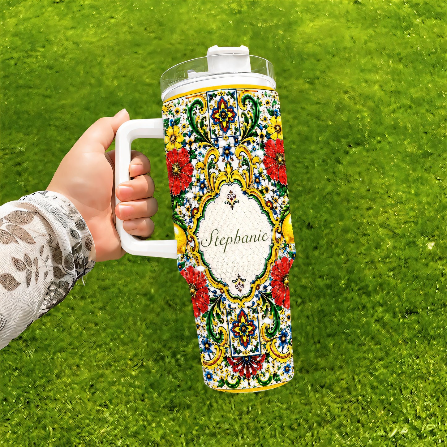Mediterranean Style & Majolica Print La Dolce Vita - Personalized 40oz Tumbler With Straw