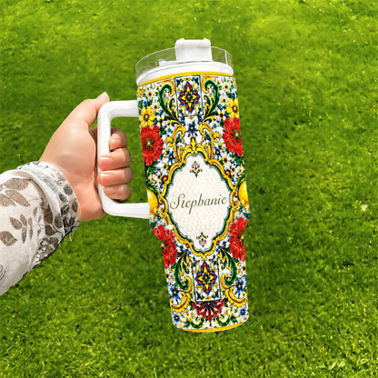 Mediterranean Style & Majolica Print La Dolce Vita - Personalized 40oz Tumbler With Straw