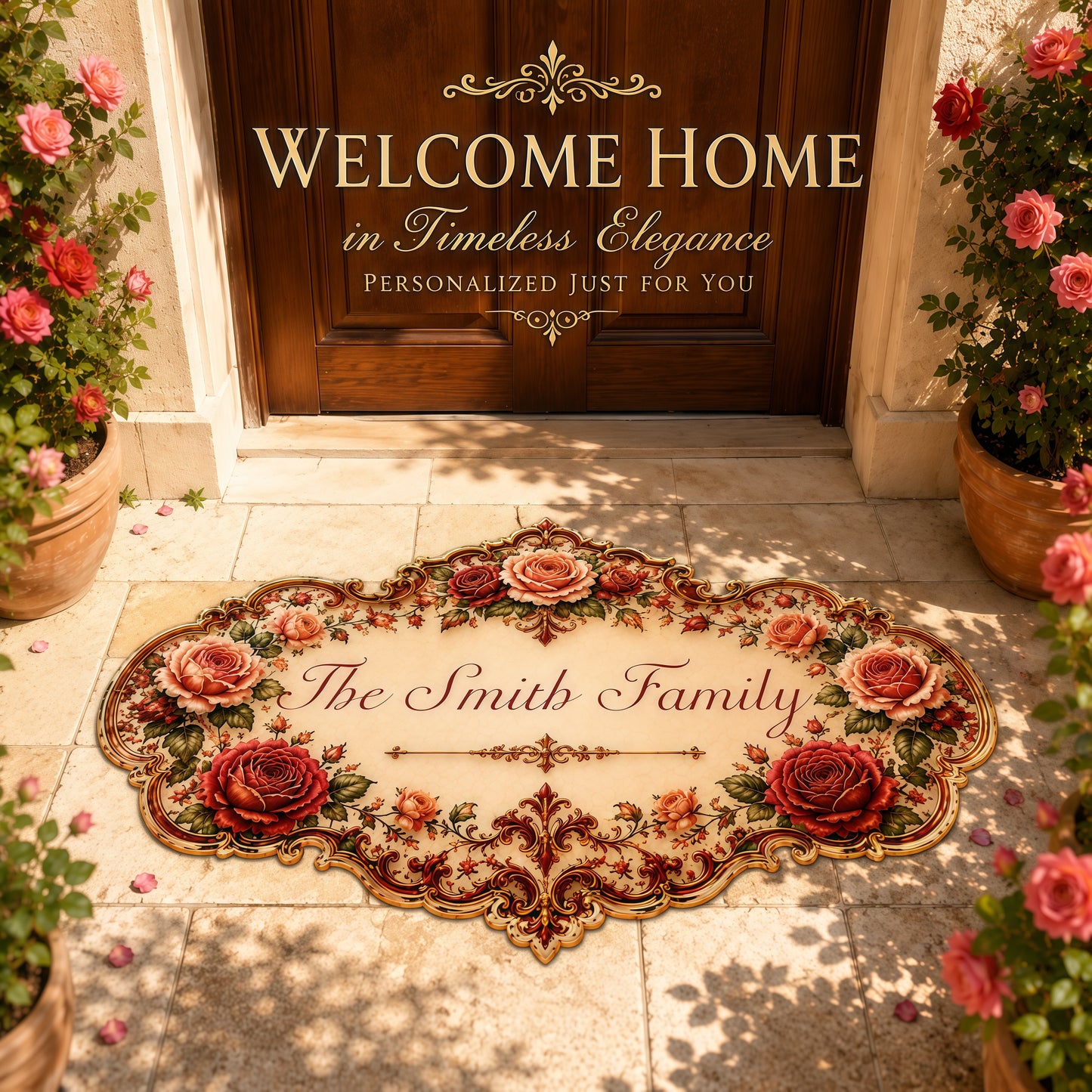 Mediterranean Style & Majolica Print Royal Red Rose - Personalized Shaped Luxurious Doormat