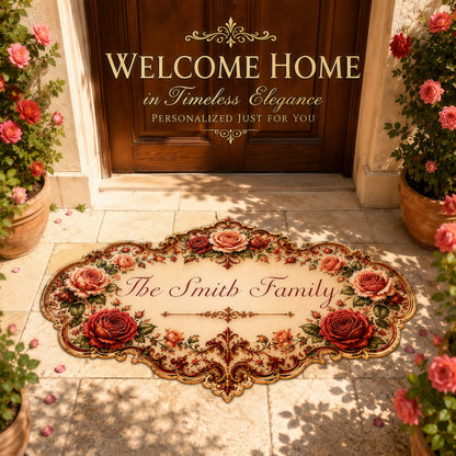Mediterranean Style & Majolica Print Royal Red Rose - Personalized Shaped Luxurious Doormat