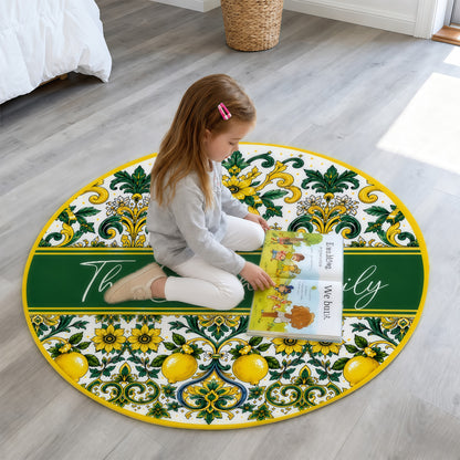 Mediterranean Style & Majolica Print Sun-Kissed Limoncello - Personalized Round Rug