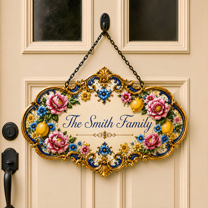 Mediterranean Style & Majolica Print Blue Lemon - Personalized Custom Shaped Metal Sign