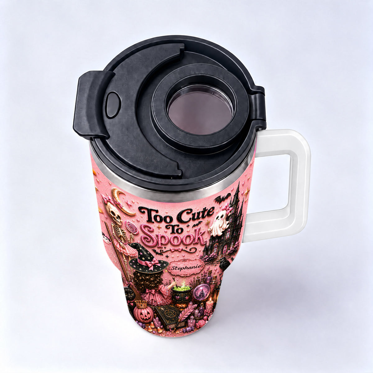 Too Cute To Spook - Personalized Pink Halloween 40oz Tumbler With Straw