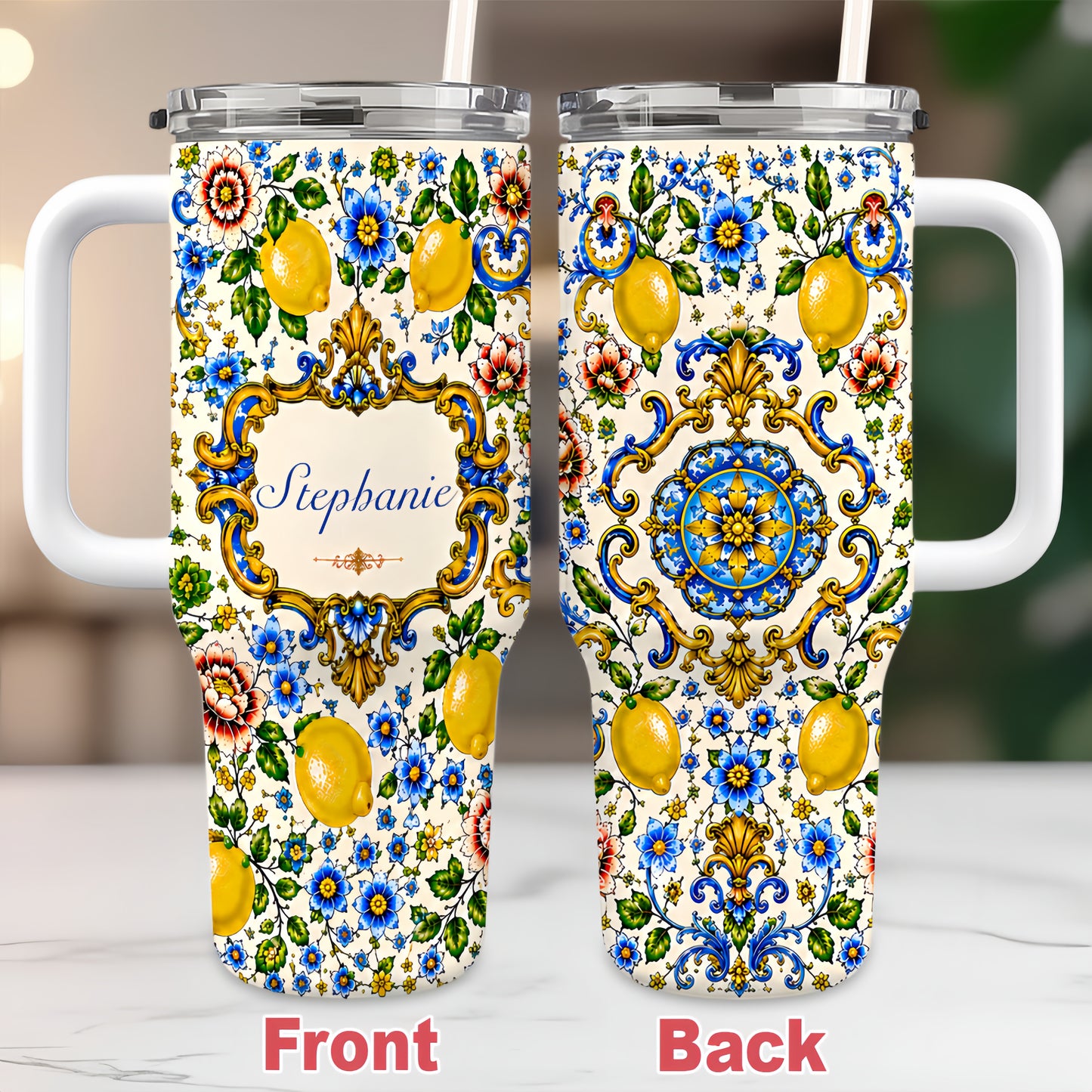 Mediterranean Style & Majolica Print - Personalized 40oz Tumbler With Straw - Travelling Tumbler