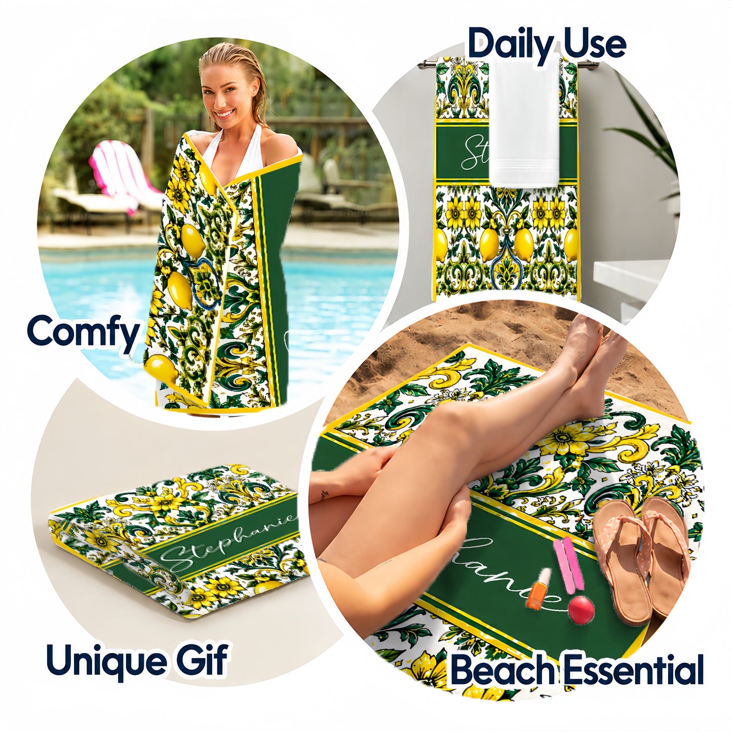Mediterranean Style & Majolica Print Sun-Kissed Limoncello - Personalized Beach Towel