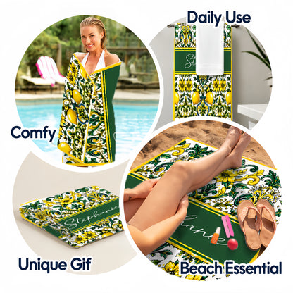 Mediterranean Style & Majolica Print Sun-Kissed Limoncello - Personalized Beach Towel
