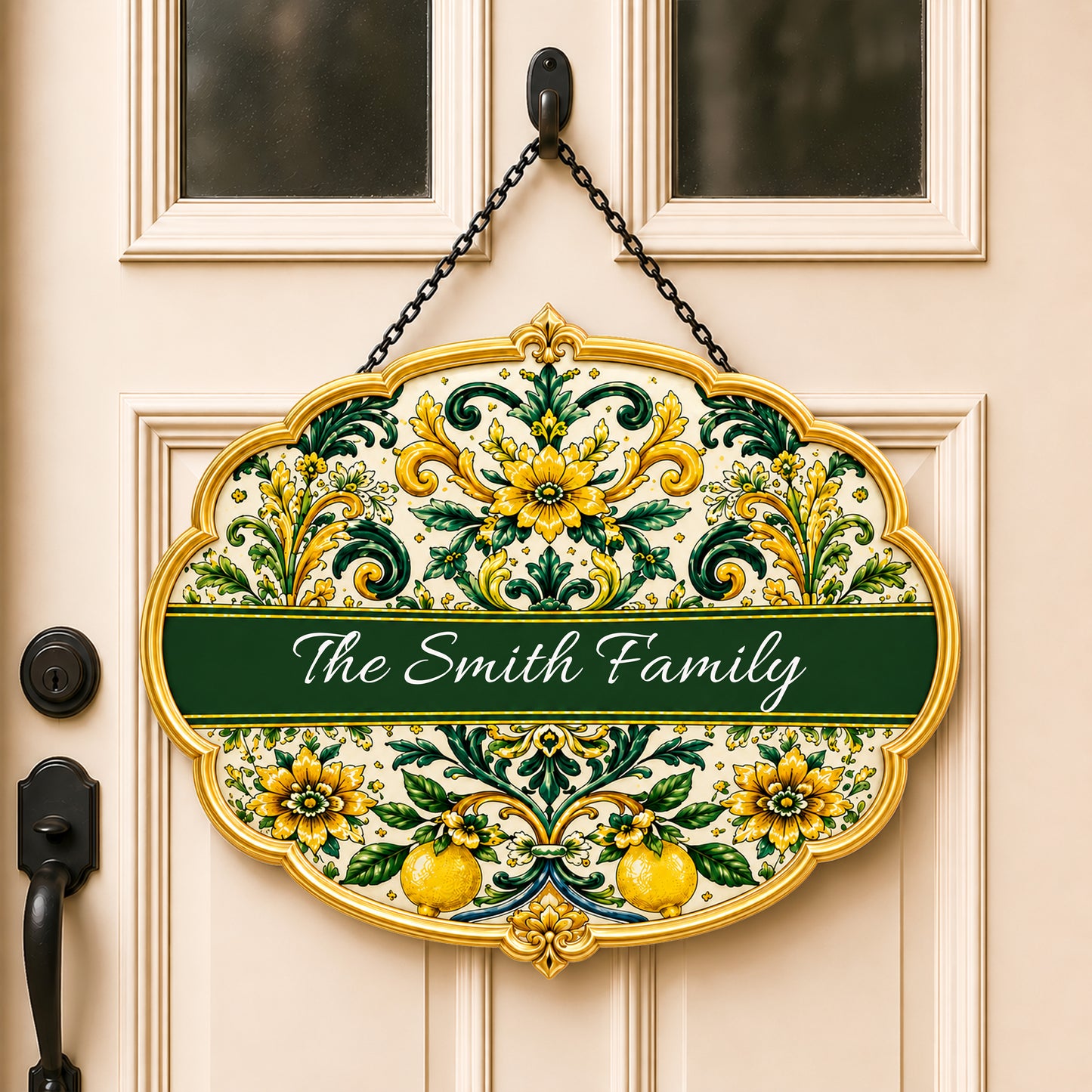 Mediterranean Style & Majolica Print Sun-Kissed Limoncello - Personalized Custom Shaped Metal Sign
