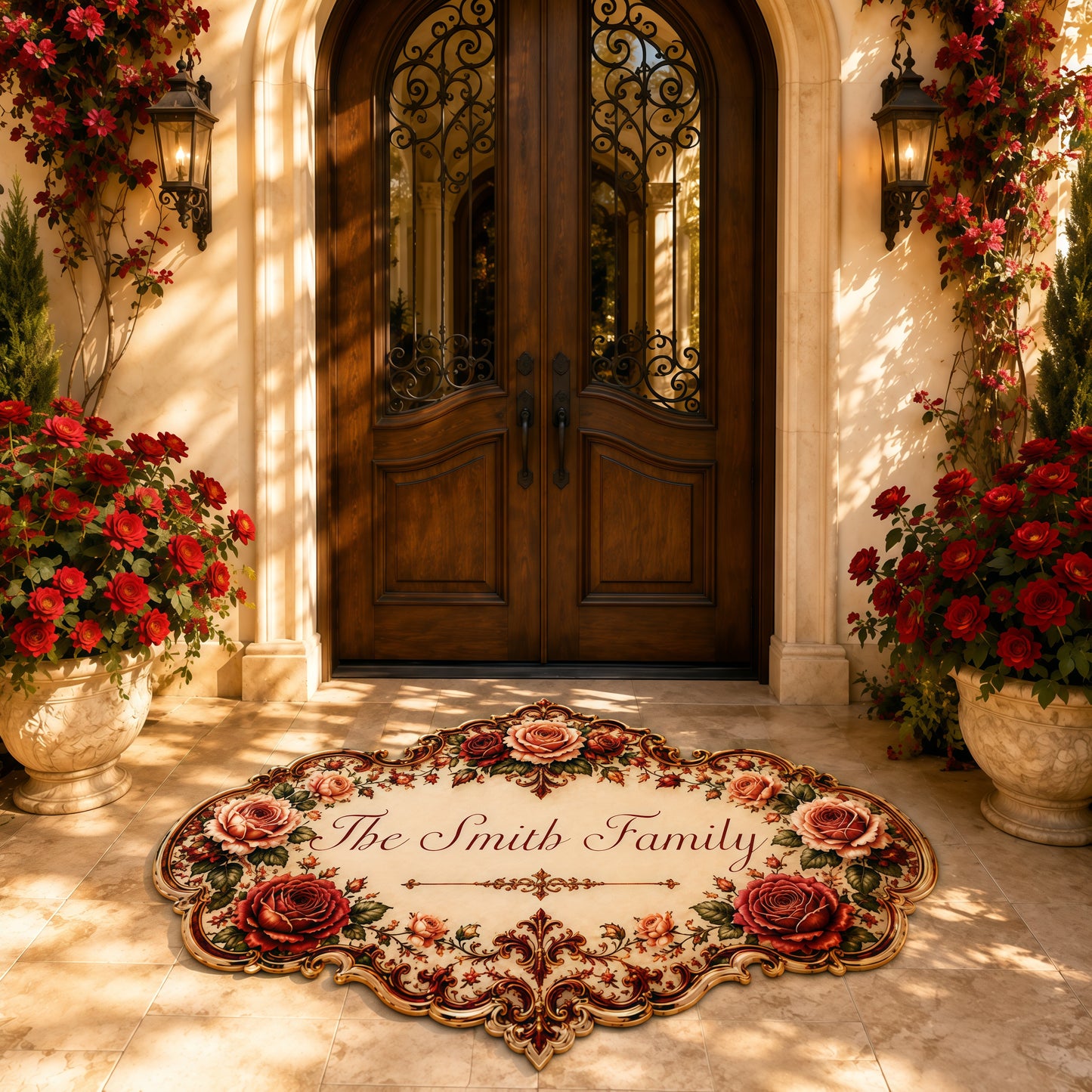 Mediterranean Style & Majolica Print Royal Red Rose - Personalized Shaped Luxurious Doormat