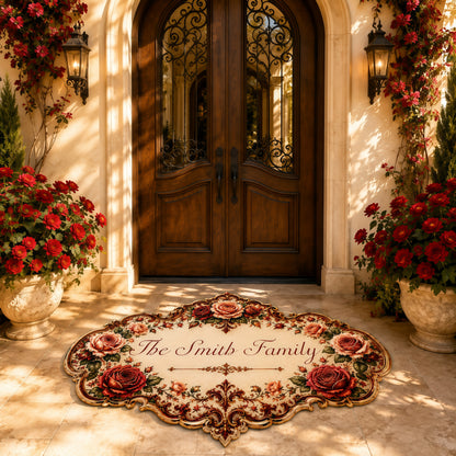 Mediterranean Style & Majolica Print Royal Red Rose - Personalized Shaped Luxurious Doormat