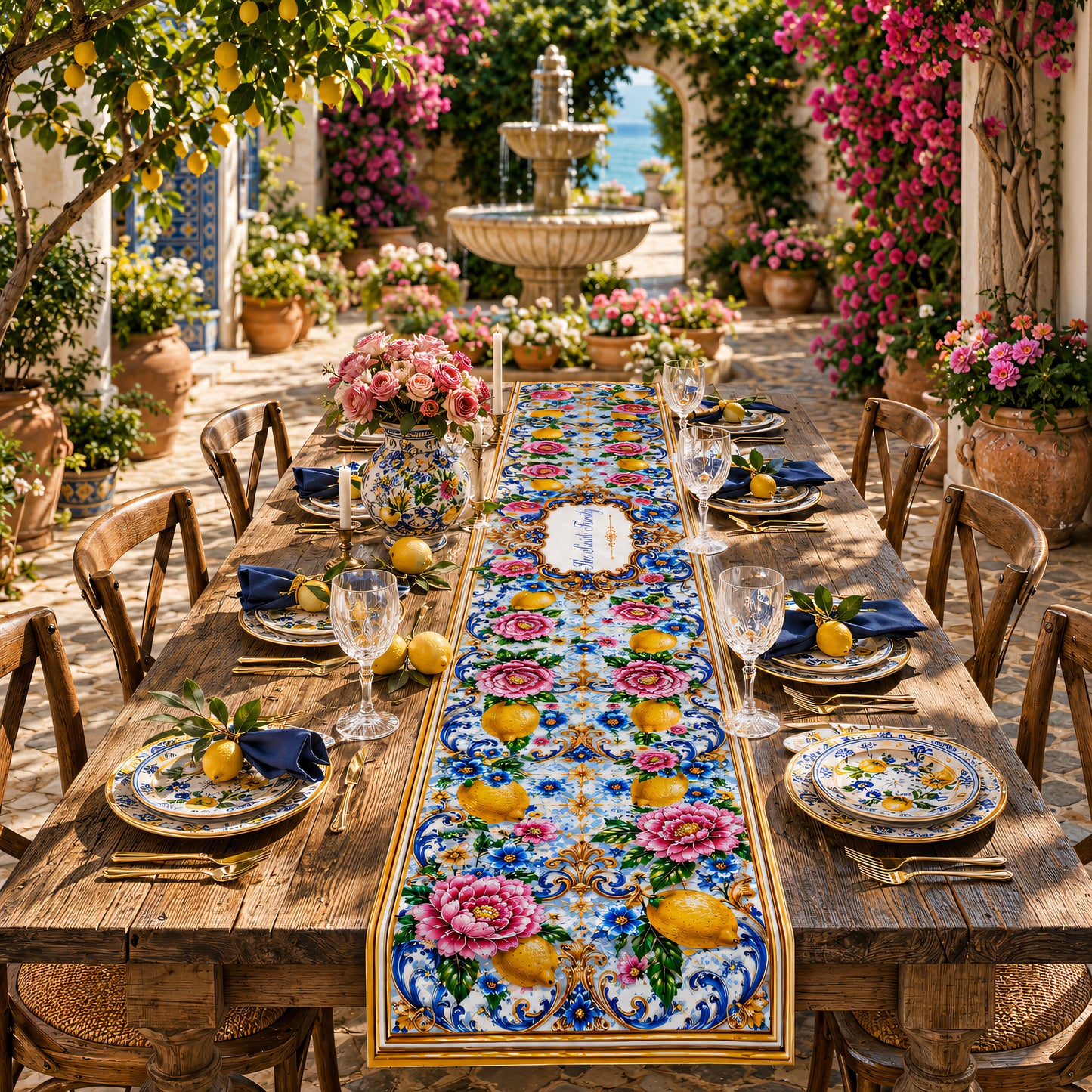 Mediterranean Style & Majolica Print Blue Lemon - Personalized Table Runner