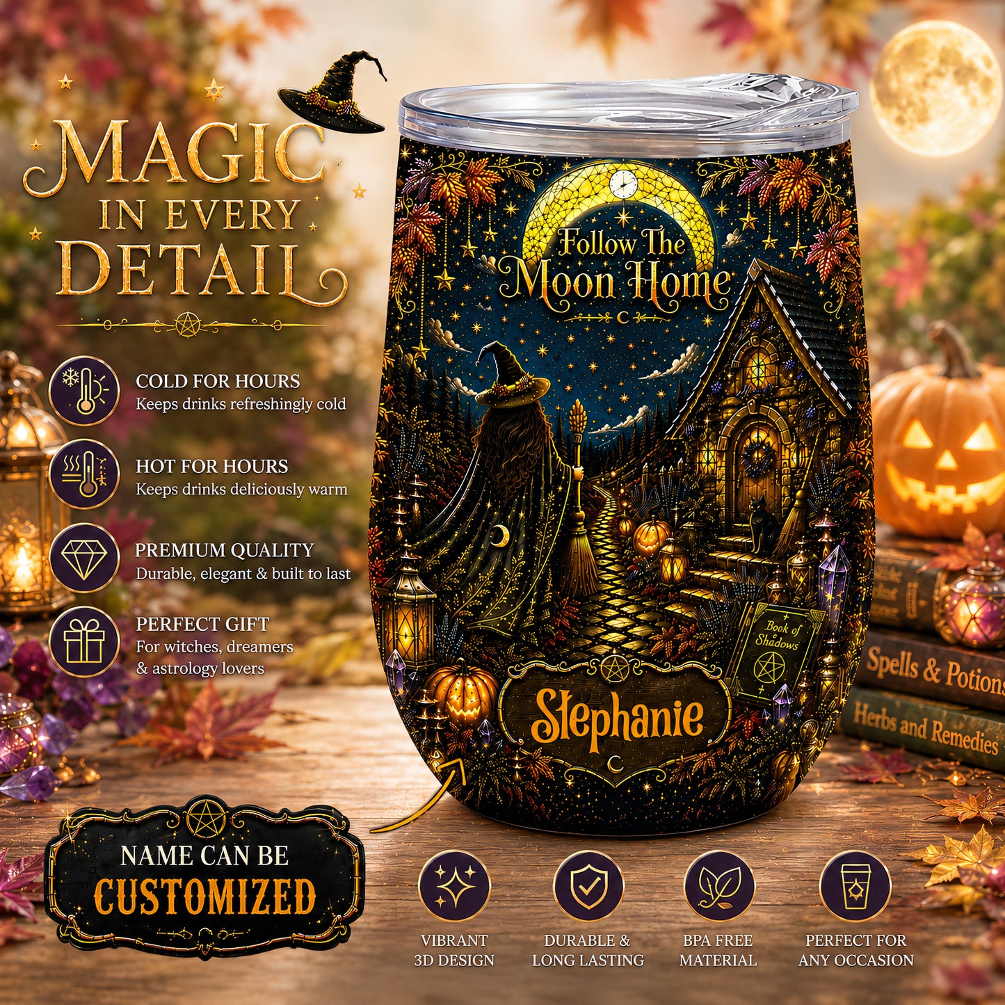 Follow The Moon Home - Personalized Witchcraft Wine Tumbler