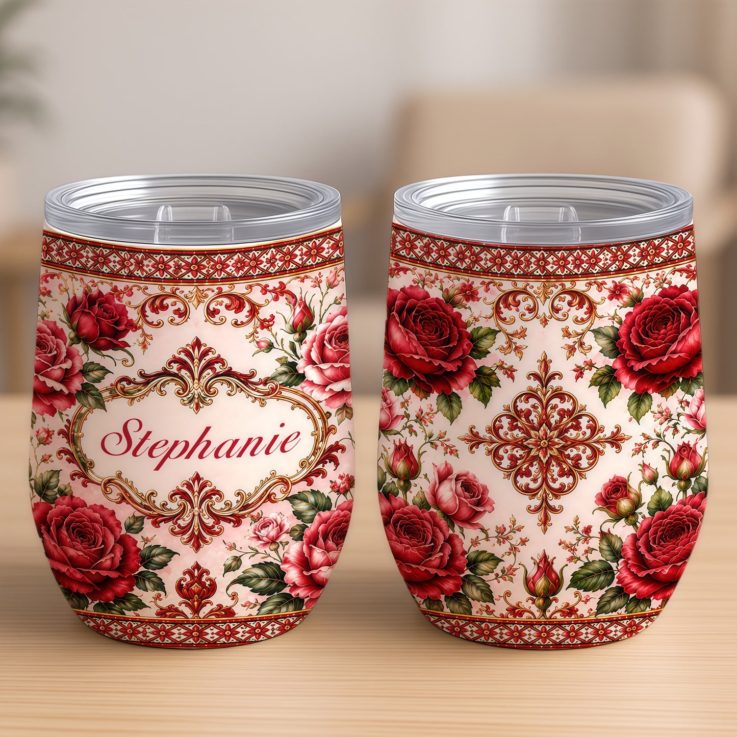 Mediterranean Style & Majolica Print Royal Red Rose - Personalized Wine Tumbler