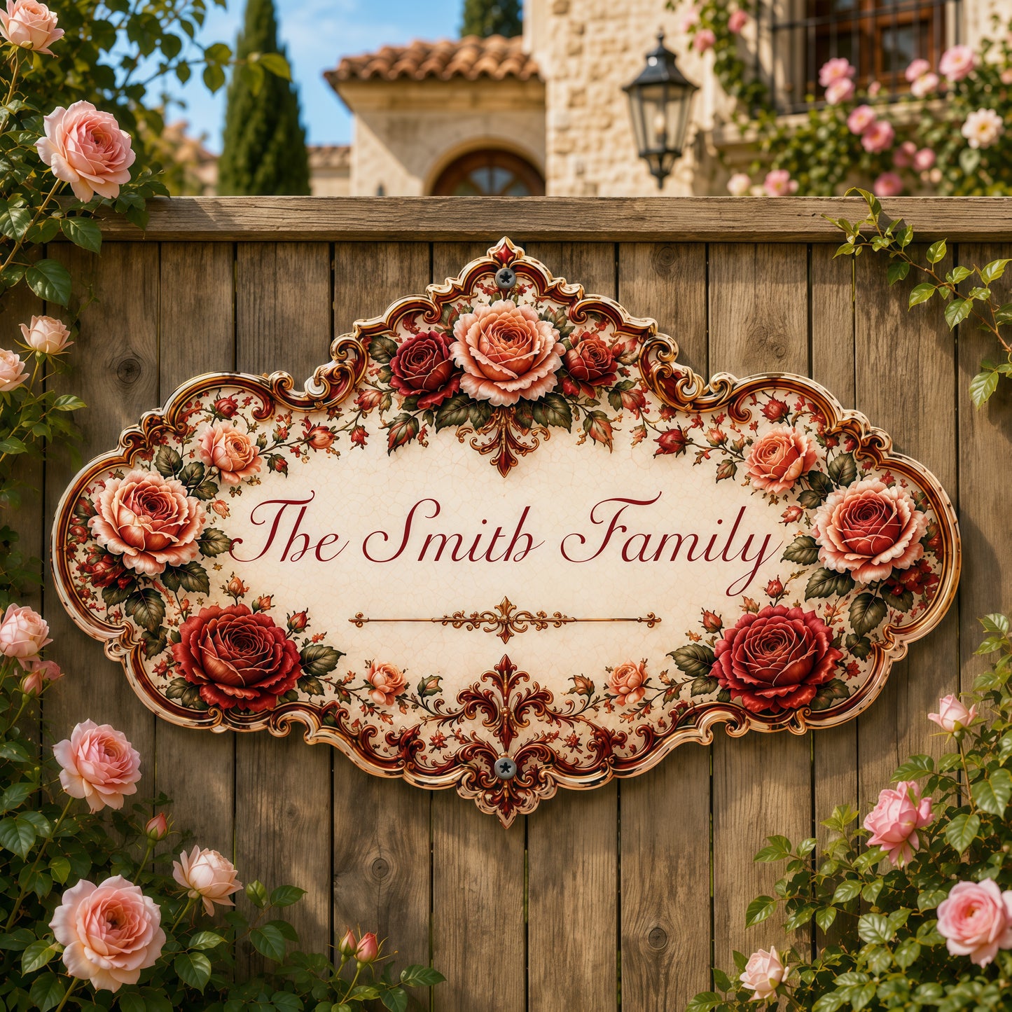 Mediterranean Style & Majolica Print Royal Red Rose - Personalized Custom Shaped Metal Sign